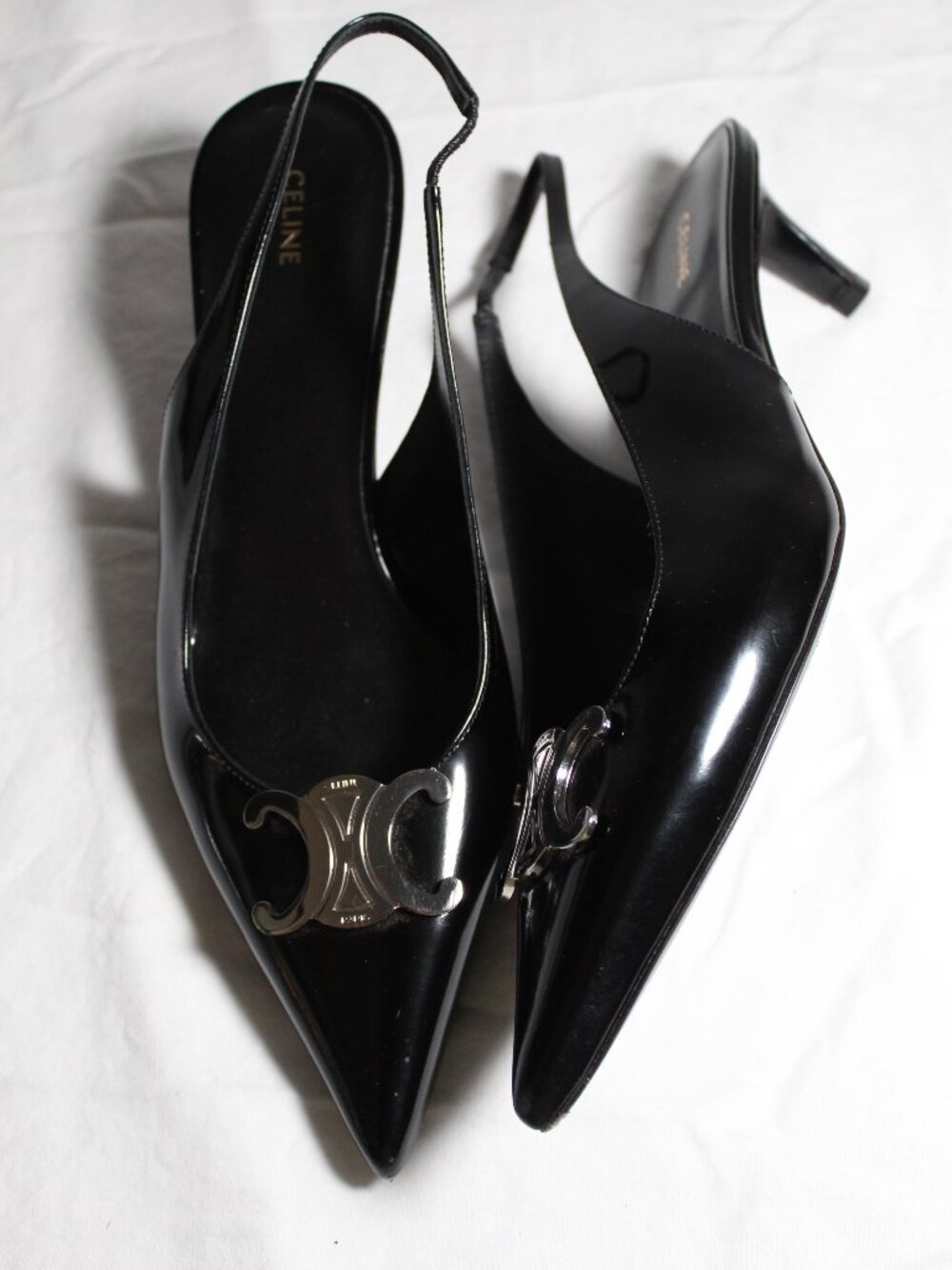 Celine Alma Black Slingback Pumps Kitten Heels Pointed Toe Triomphe 39